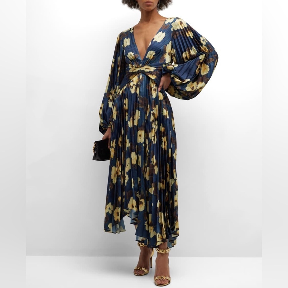 Acler Palms Pleated Long Sleeve Midi Dress Navy Floral Size 2 - Picture 2 of 15